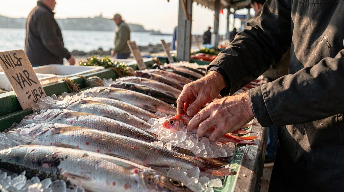 Un étal de poissonnier sur un marché de la côte varoise au petit matin, poissons entiers alignés sur la glace, lumière rasante et reflets sur les écailles, cadrage serré sur les mains du vendeur qui dispose un rouget.