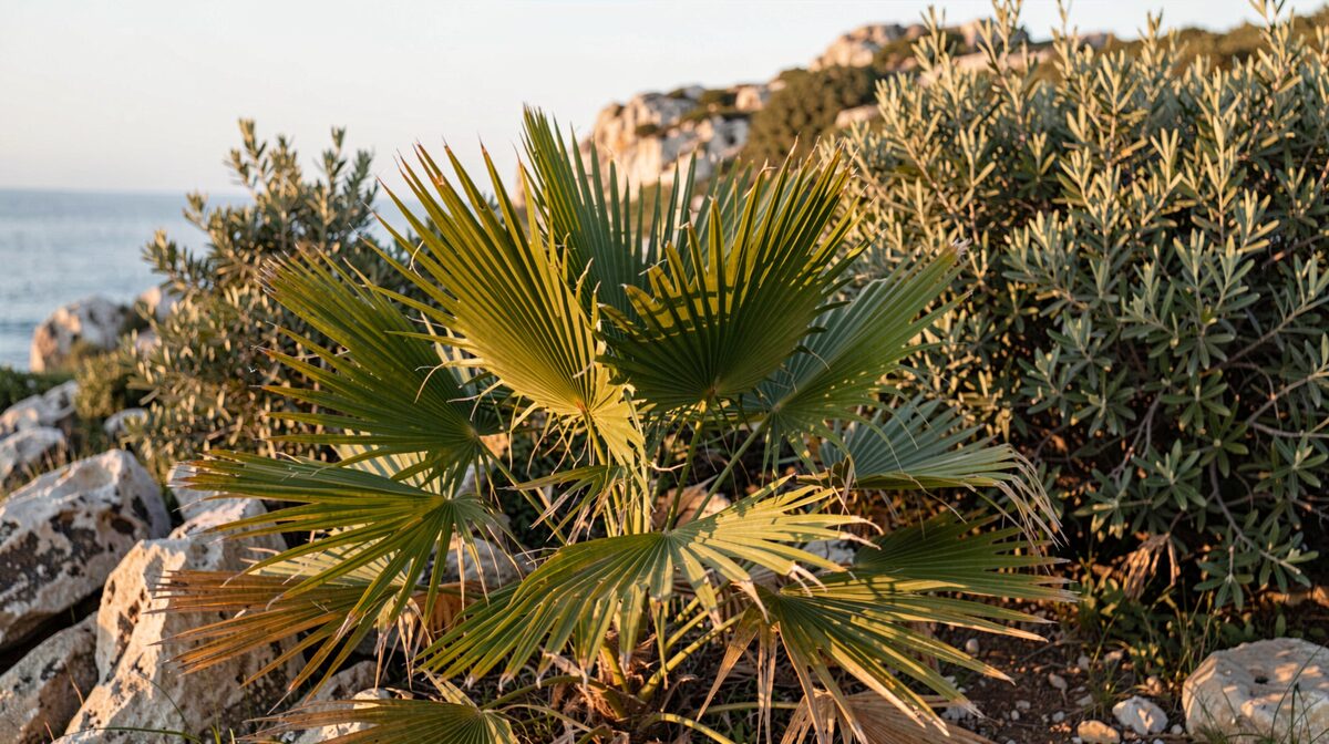 Touffe de palmier nain Chamaerops humilis au premier plan, palmes en éventail éclairées par la lumière rasante du matin, maquis de lentisque et de myrte en arrière-plan, rochers calcaires au-dessus de la mer, cadrage horizontal serré sur la plante.