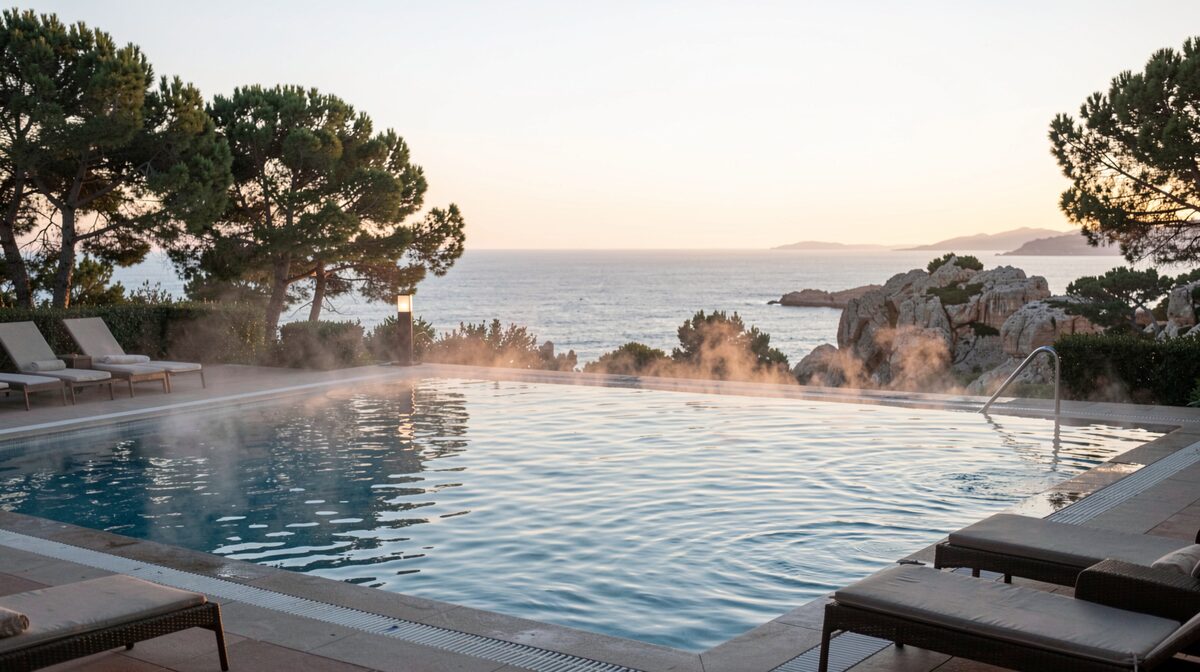 Un bassin extérieur d'hôtel en bord de mer au petit matin, vapeur légère au-dessus de l'eau, pins et rochers en arrière-plan, lumière rasante venant de la mer, cadrage large depuis la terrasse.